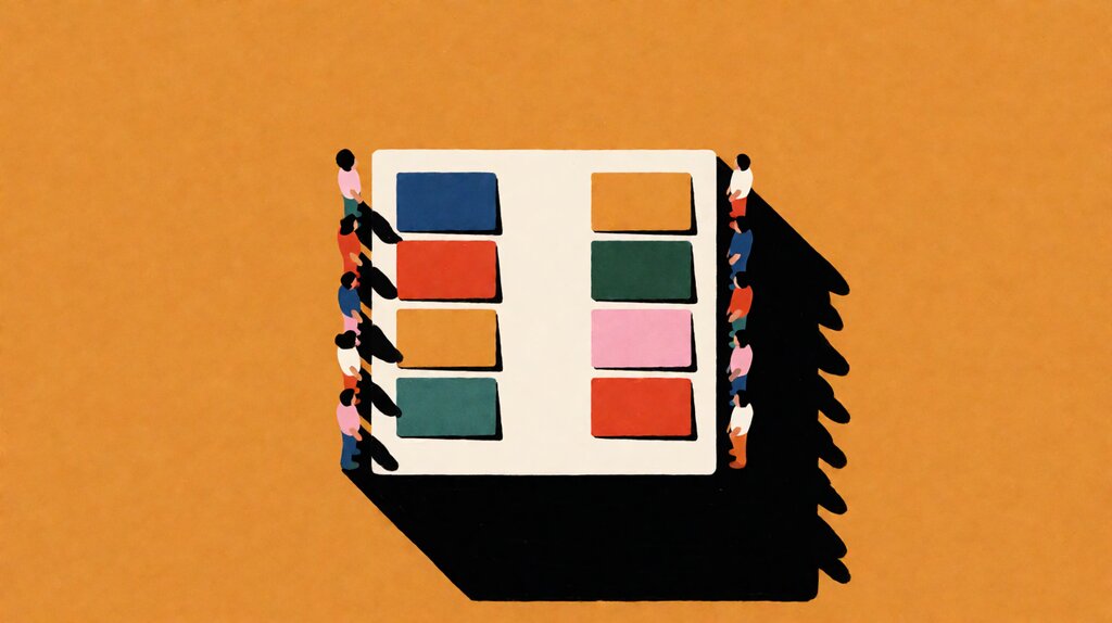 Staff and client collaborator seats on a shared agency planning board with colored task blocks, viewed from above