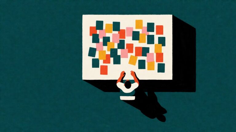 Abstract poster illustration of a shared agency planning board with colored task blocks and one small figure at the near edge