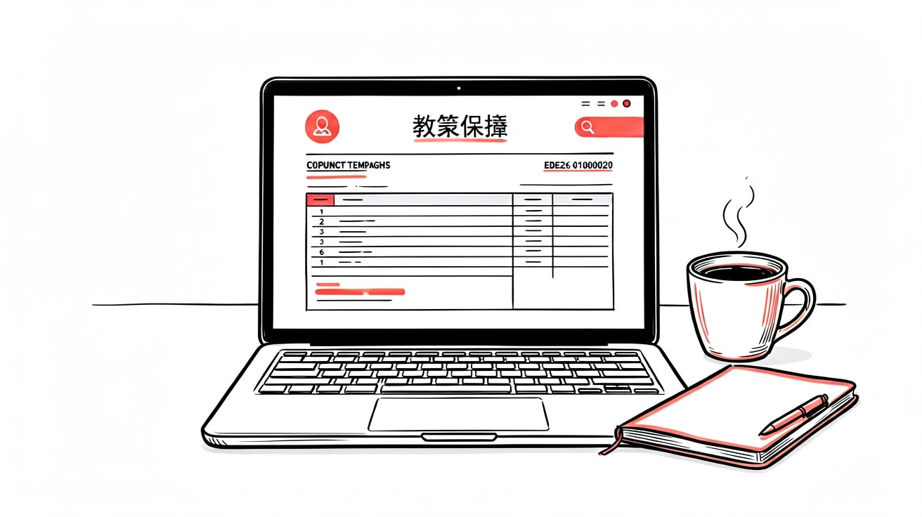 Laptop showing invoice template with coffee and notebook