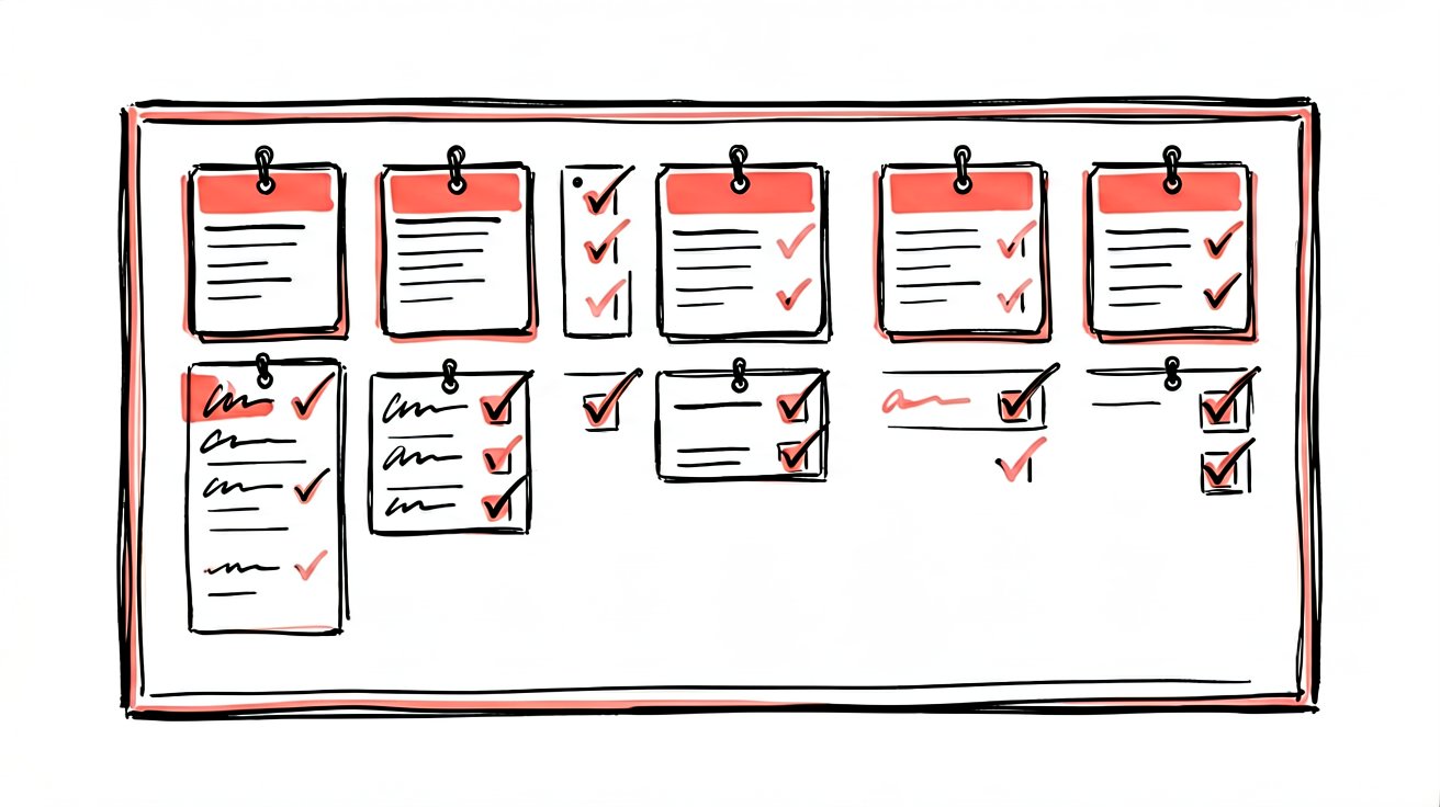 Solo freelancer kanban task board on laptop with sticky notes