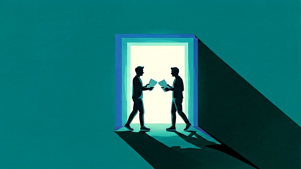 Editorial poster illustration of a secure client portal hub showing shared files, invoices, and status updates