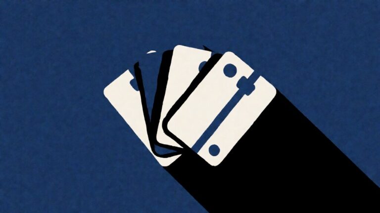Abstract payment card silhouettes fanned out against a navy blue field, representing the layered fees of small business payment processors like Stripe, Square, and PayPal