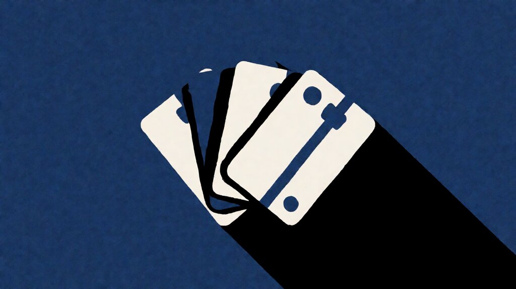 Abstract payment card silhouettes fanned out against a navy blue field, representing the layered fees of small business payment processors like Stripe, Square, and PayPal