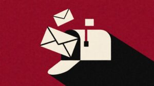 Abstract open mailbox with paper envelopes floating upward against a deep crimson field representing small business virtual mailbox services