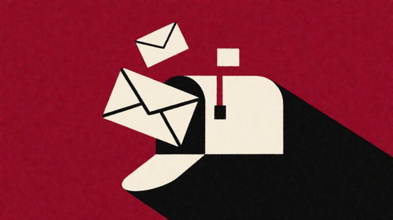 Abstract open mailbox with paper envelopes floating upward against a deep crimson field representing small business virtual mailbox services