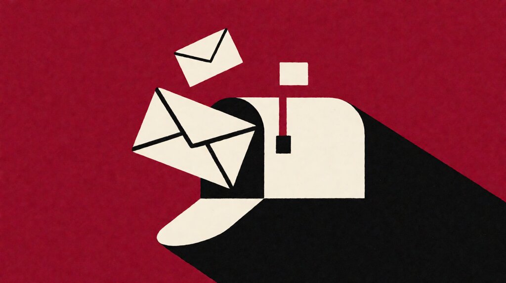 Abstract open mailbox with paper envelopes floating upward against a deep crimson field representing small business virtual mailbox services