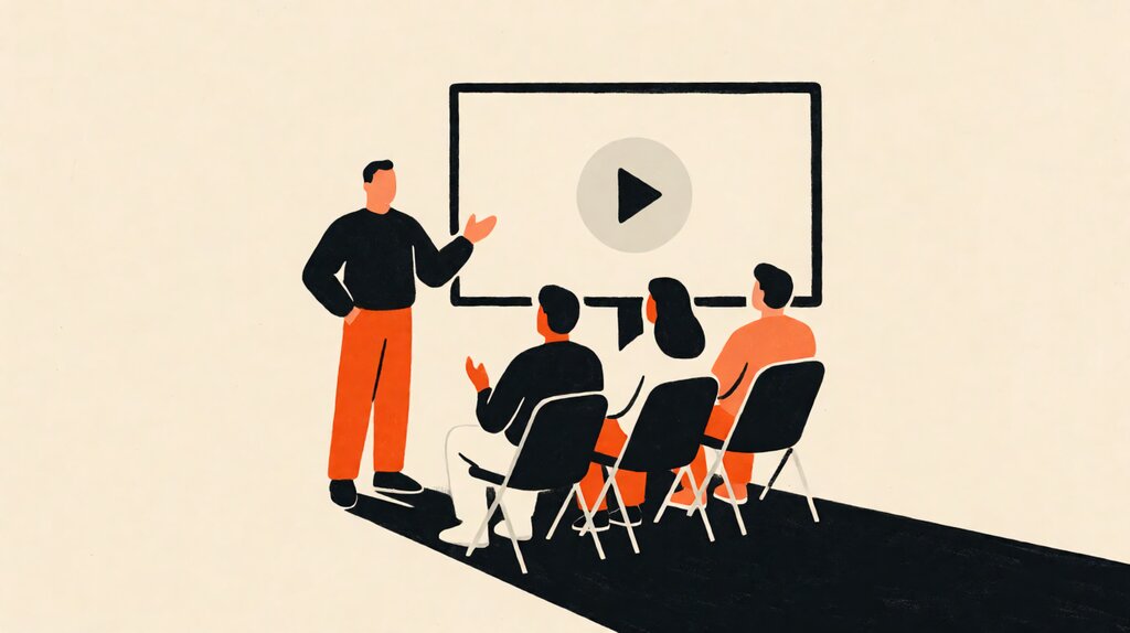 A coach presents to a small audience in front of a video screen in flat gouache cream poster style