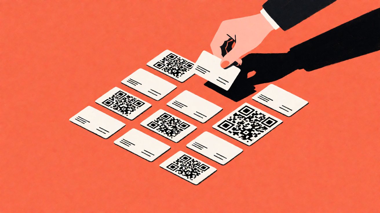 Scattered QR code cards and business cards arranged in a grid on a coral background