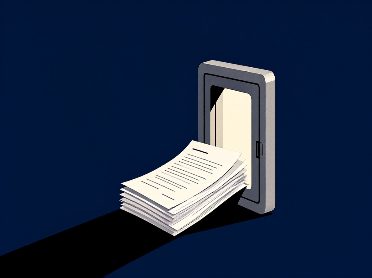 Flat line illustration of documents flowing into a secure portal window with a green accent fill
