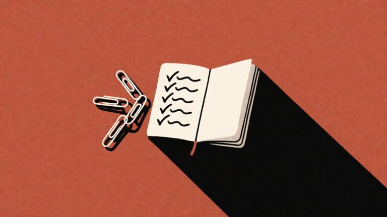 Decision framework for whether a small business needs a CRM, shown as an open page and paperclip chain on terracotta