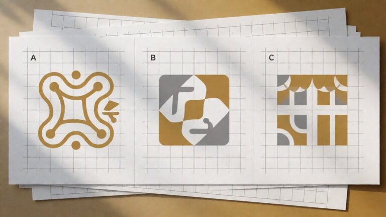 Editorial illustration of three abstract ecommerce-platform logos on a comparison grid
