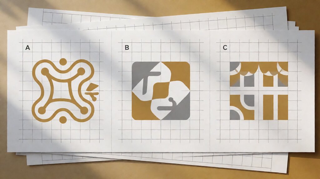 Editorial illustration of three abstract ecommerce-platform logos on a comparison grid