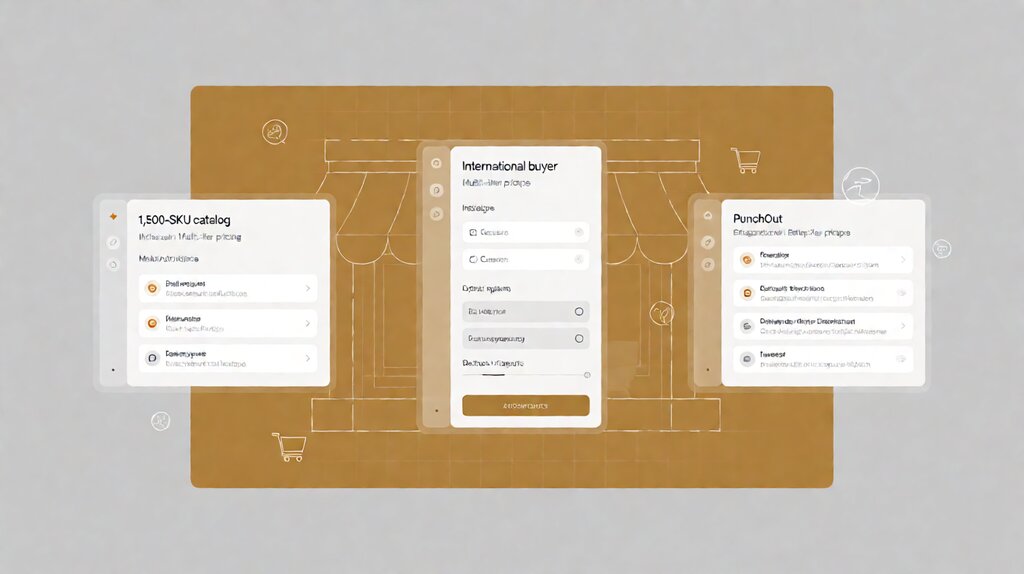 Editorial illustration of B2B ecommerce flow from buyer login through quote approval to invoice to net-term payment