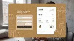 Editorial illustration of B2B wholesale buyer login with customer-specific pricing and net-30 invoice