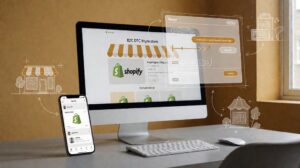 Editorial illustration of a B2C DTC brand running a Shopify-style store at a small workspace