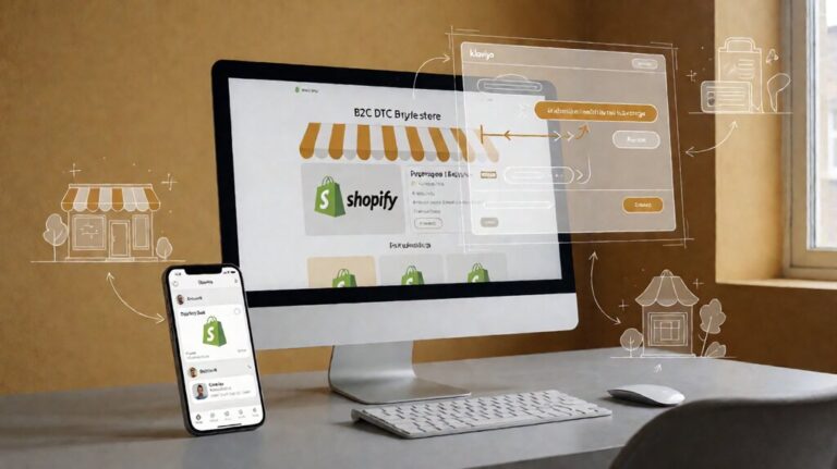 Editorial illustration of a B2C DTC brand running a Shopify-style store at a small workspace
