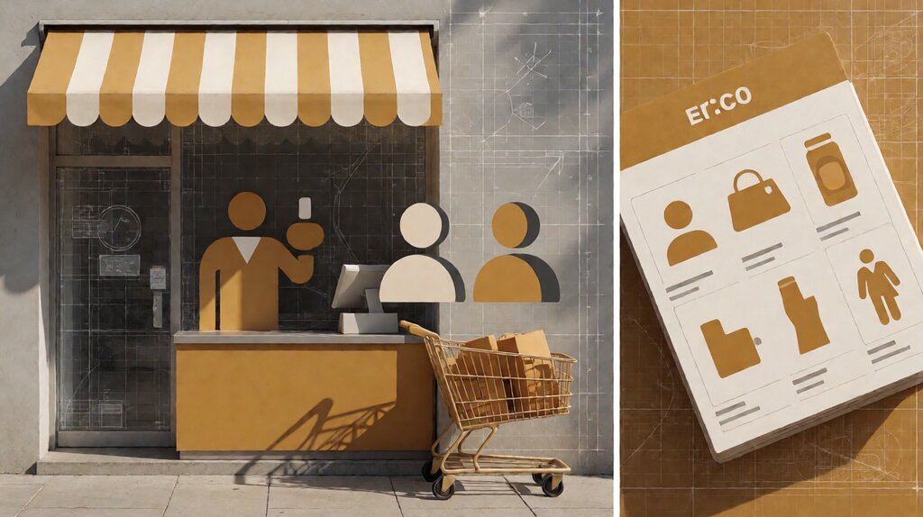 Editorial illustration of ecommerce platform flow from product page to checkout to fulfillment to post-purchase email