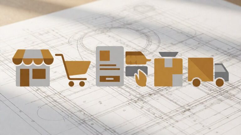 Editorial illustration of ecommerce order flow from product page to cart to checkout to fulfillment