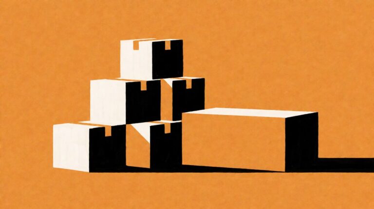 Flat editorial illustration of shipping boxes beside a geometric storefront counter