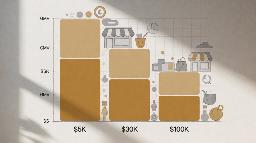 Editorial illustration of ecommerce platform cost breakdown showing platform fee gateway fee and add-on cost components