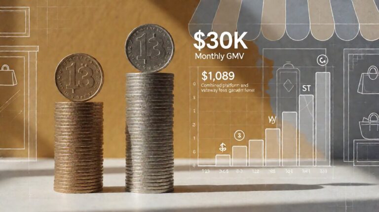 Editorial illustration of monthly-platform-fee versus per-transaction-fee as separated columns