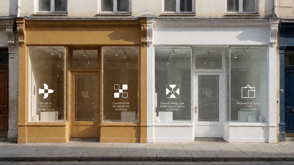 Editorial illustration comparing SMB's own branded storefront versus shared marketplace storefront