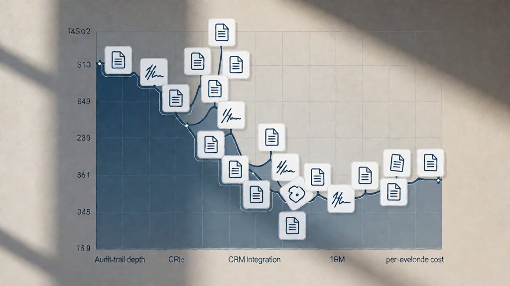 Editorial illustration of DocuSign HelloSign and Adobe Sign comparison showing audit trail depth cost and integration strengths