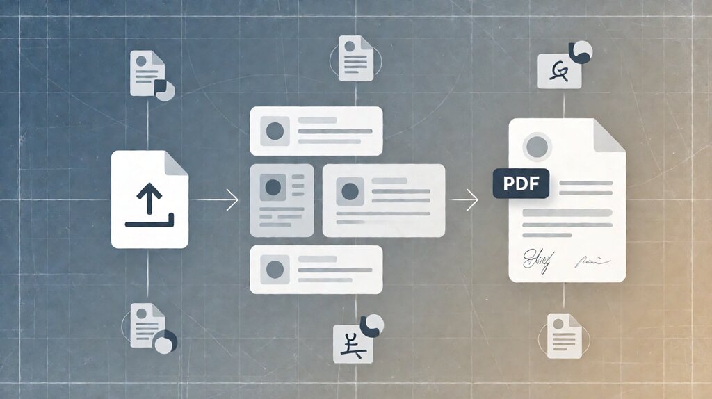 Editorial illustration of an electronic signature flow from document upload to envelope to audit trail archive