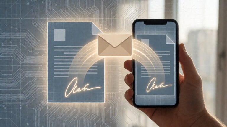 Editorial illustration of an electronic signature flow from document upload to envelope to audit trail archive