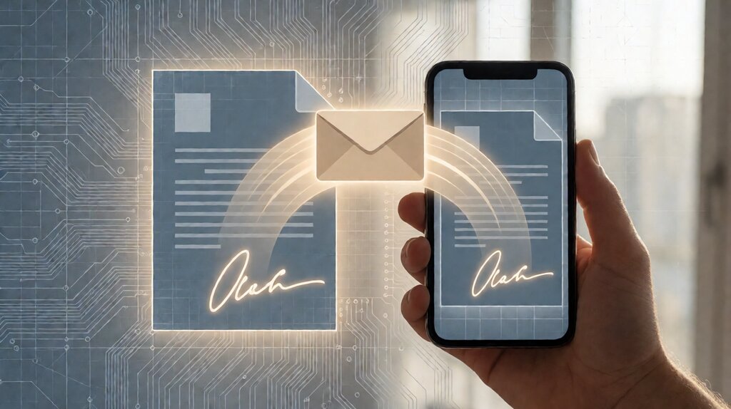Editorial illustration of an electronic signature flow from document upload to envelope to audit trail archive