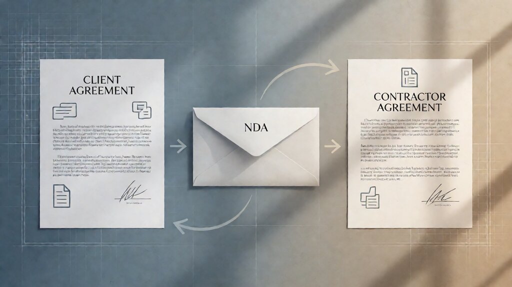 Editorial illustration of a freelancer electronic signature flow with client agreement NDA and project scope envelope types