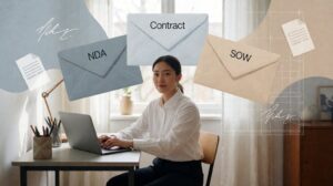 Editorial illustration of a freelance consultant at a small desk with three envelope labels above the workspace