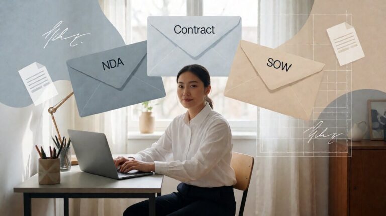 Editorial illustration of a freelance consultant at a small desk with three envelope labels above the workspace