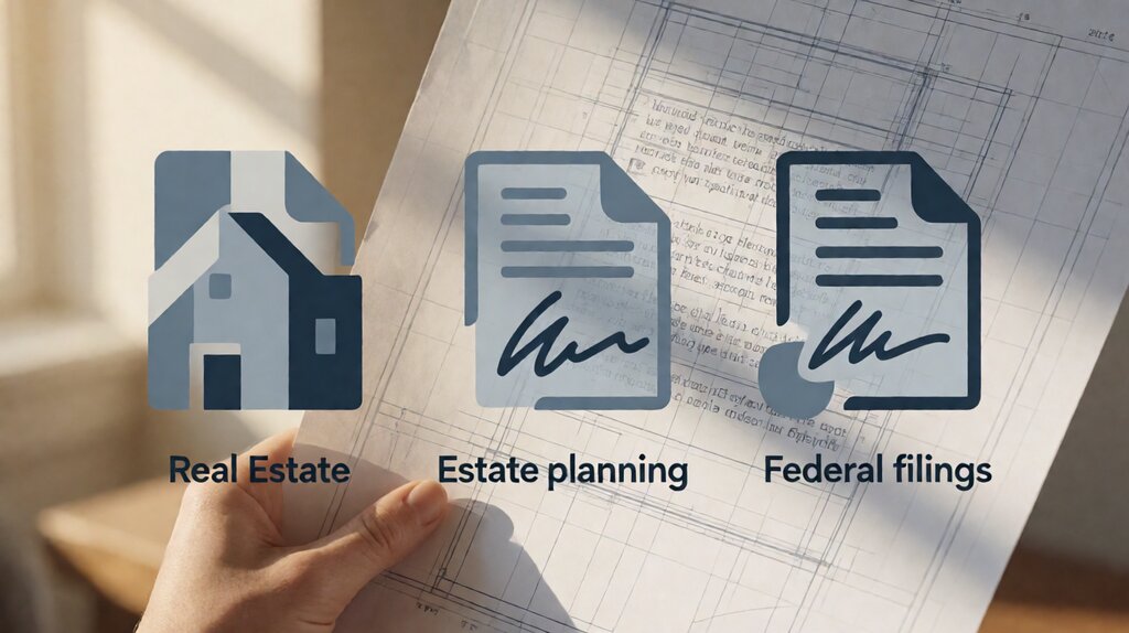 Editorial illustration of ESIGN Act carve-outs showing real estate healthcare and federal filings exclusions