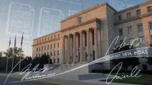 Editorial illustration of a US federal building exterior with article numbers ESIGN Act UETA eIDAS overlay