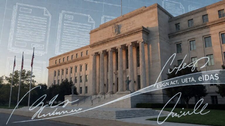 Editorial illustration of a US federal building exterior with article numbers ESIGN Act UETA eIDAS overlay