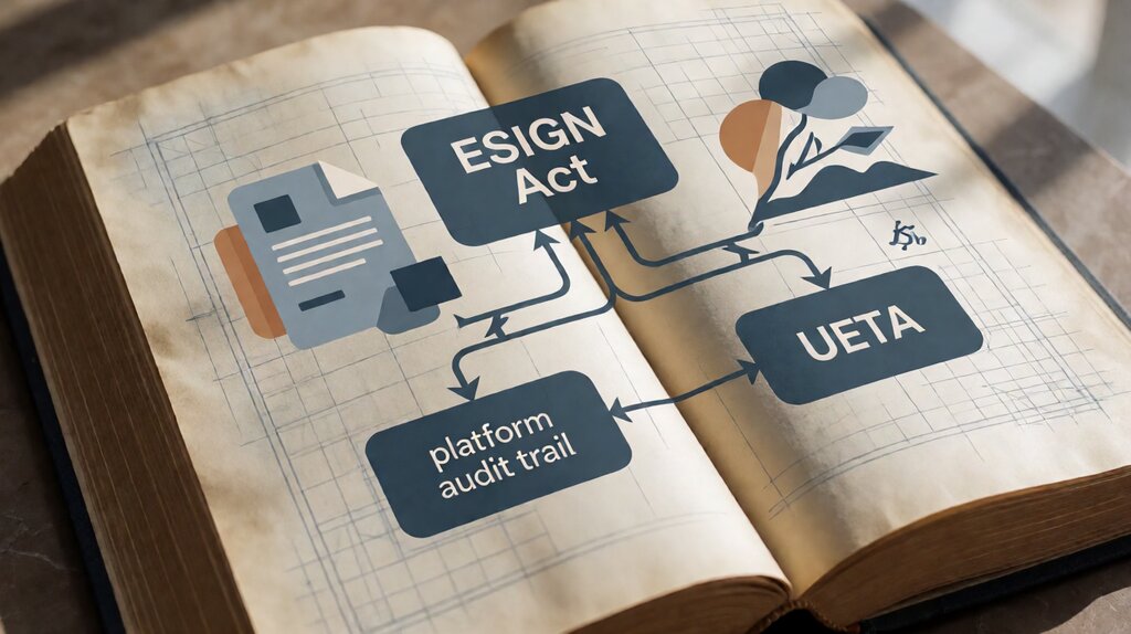 Editorial illustration of electronic vs digital signatures showing simple email capture vs PKI cryptographic certificate flow
