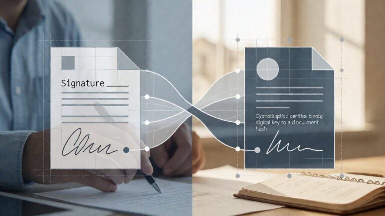 Editorial illustration comparing typed-name click-to-sign with cryptographic certificate signing flow