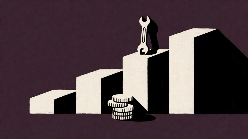 Flat illustration of four rising cost steps with a wrench on the top step, on a dark plum field