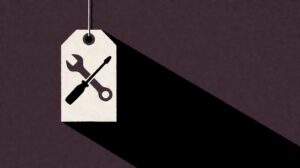 Field service management software pricing poster: a price tag with crossed wrench and screwdriver on a dark plum field