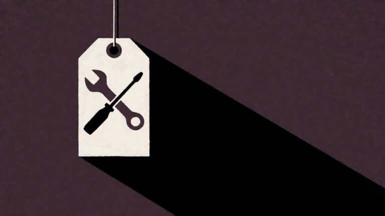 Field service management software pricing poster: a price tag with crossed wrench and screwdriver on a dark plum field