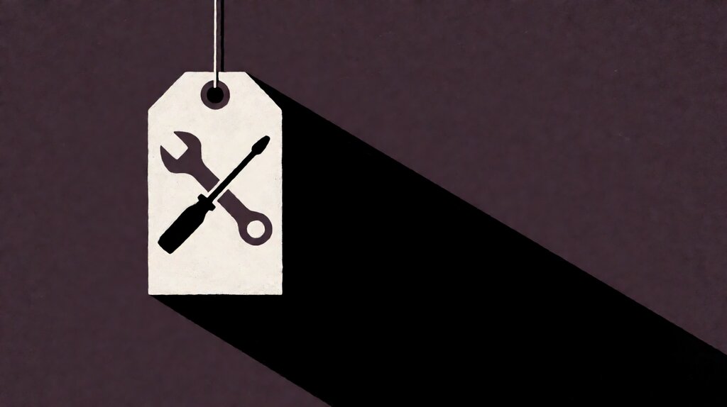 Field service management software pricing poster: a price tag with crossed wrench and screwdriver on a dark plum field