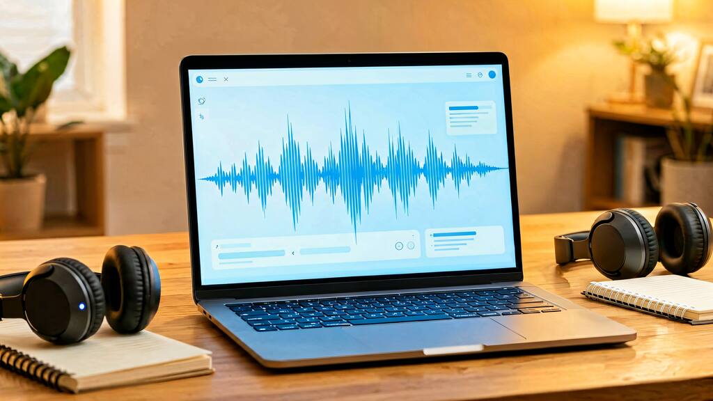 Laptop with meeting transcription waveform and headphones on desk