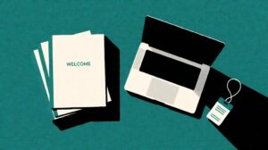 Flat editorial illustration of new hire onboarding folders and a laptop on a teal background