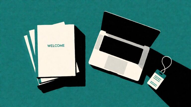 Flat editorial illustration of new hire onboarding folders and a laptop on a teal background