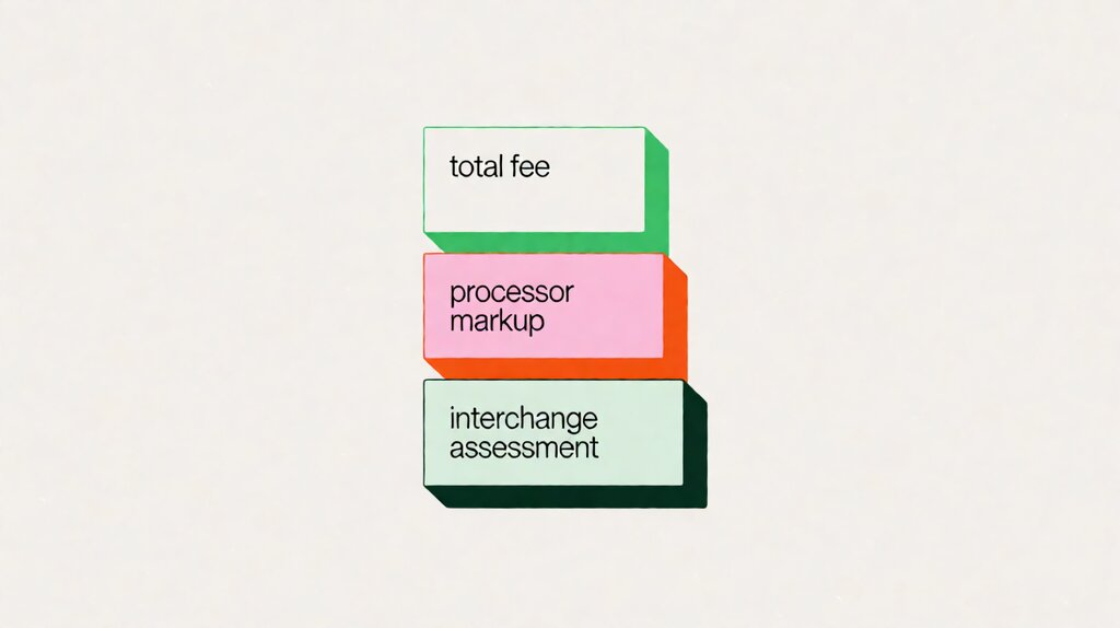 Editorial illustration of a payment transaction flow from card swipe to settlement into the merchant bank account