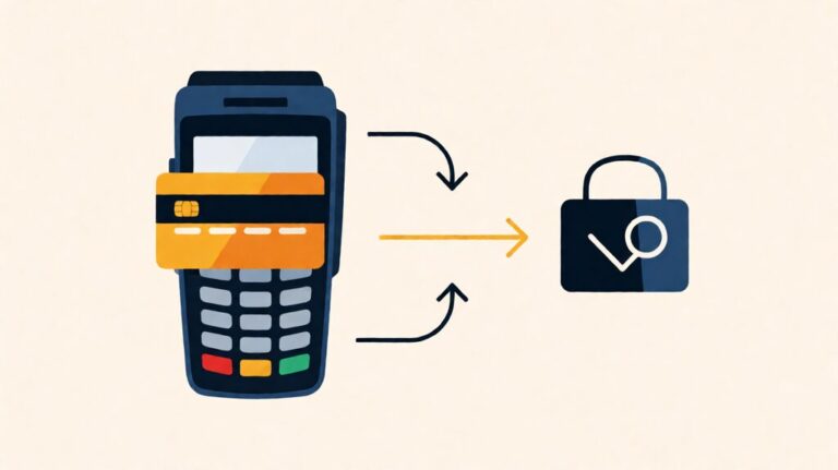 how payment processors work. Editorial illustration of card transaction flow.