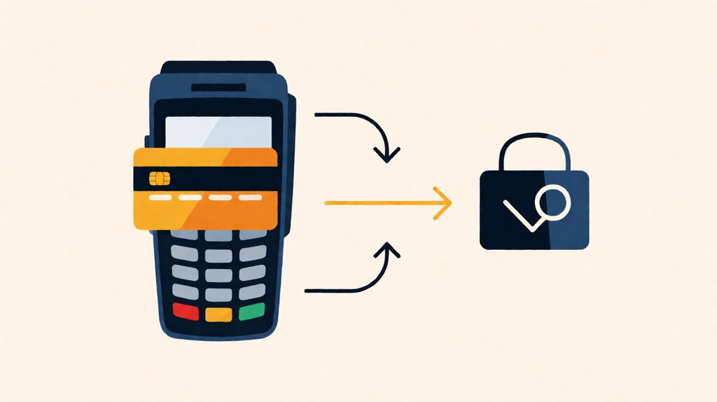 how payment processors work. Editorial illustration of card transaction flow.