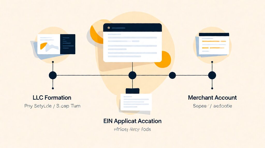 Editorial illustration of Stripe Atlas setup flow showing LLC formation EIN and merchant account timeline