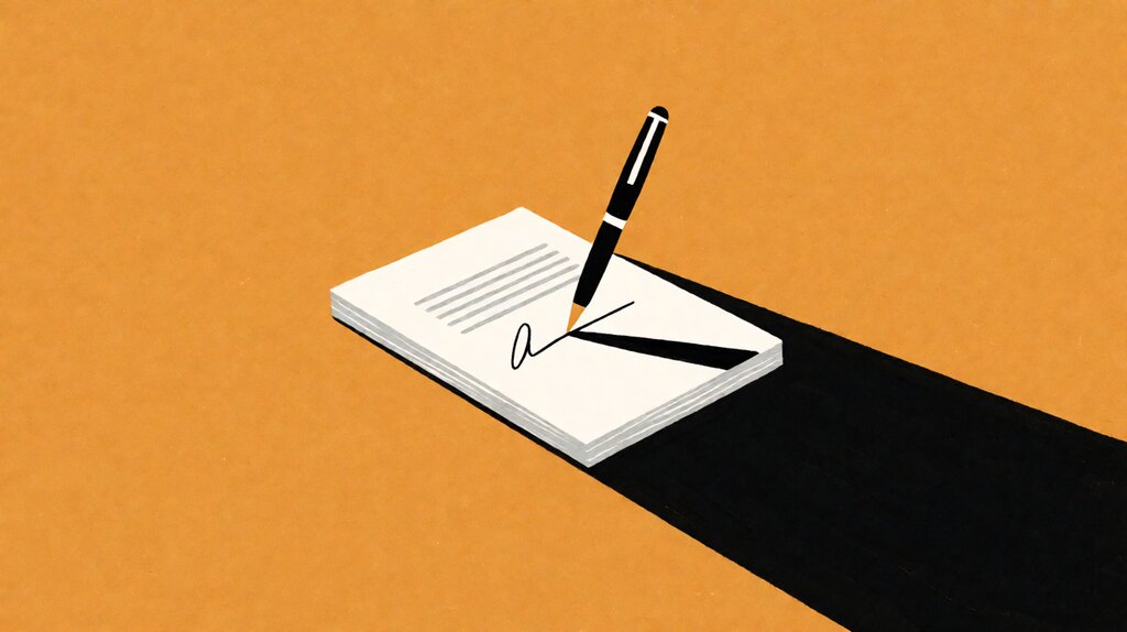 Flat editorial illustration of a contract document with signature line and gouache color blocks representing freelance agreement workflow